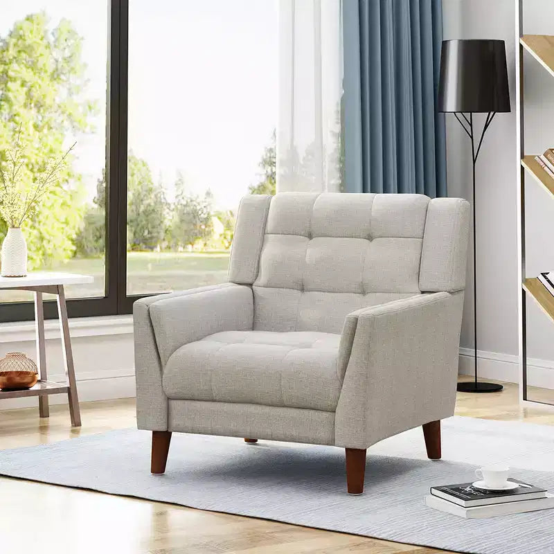 Modern Armchair, Accent Chair For Living Room, Button Tufted Upholstered Armchair With Wooden Tapered Legs Comfy Bedroom Reading Sofa Chairs,Beige