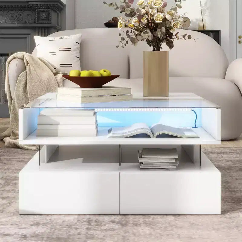 Table basse relevable moderne avec tiroirs, table basse carrée avec plateau en verre, table basse avec espace de rangement caché et lumières LED pour le salon