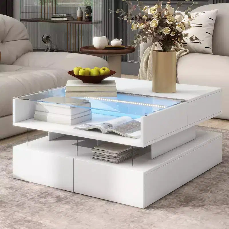 Table basse relevable moderne avec tiroirs, table basse carrée avec plateau en verre, table basse avec espace de rangement caché et lumières LED pour le salon
