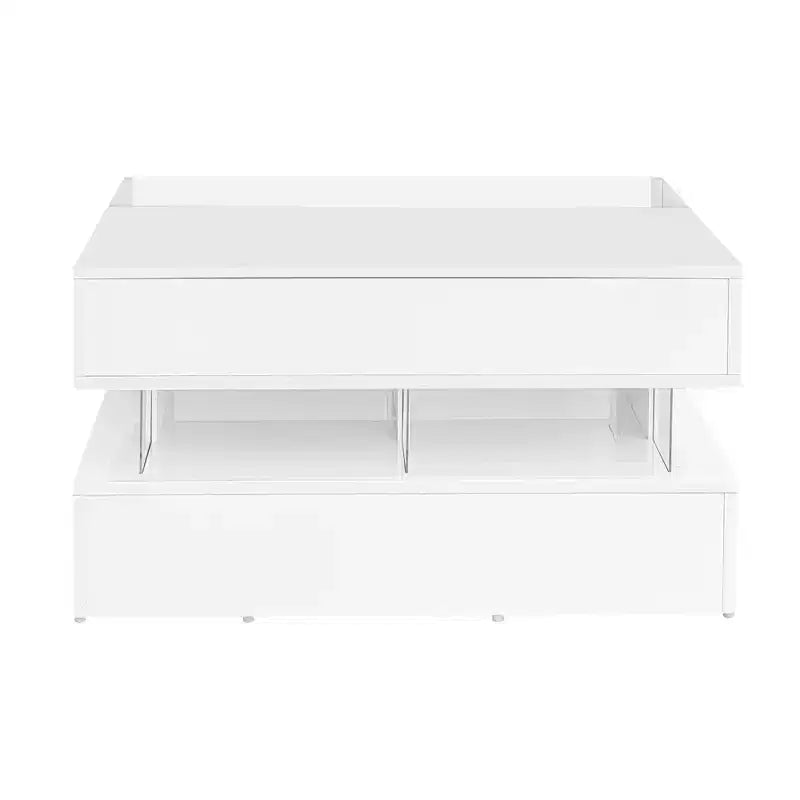 Table basse relevable moderne avec tiroirs, table basse carrée avec plateau en verre, table basse avec espace de rangement caché et lumières LED pour le salon