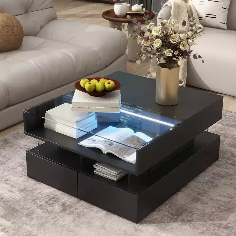 Table basse relevable moderne avec tiroirs, table basse carrée avec plateau en verre, table basse avec espace de rangement caché et lumières LED pour le salon