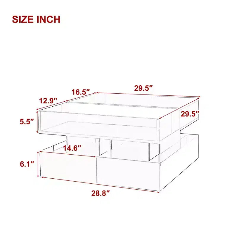 Table basse relevable moderne avec tiroirs, table basse carrée avec plateau en verre, table basse avec espace de rangement caché et lumières LED pour le salon