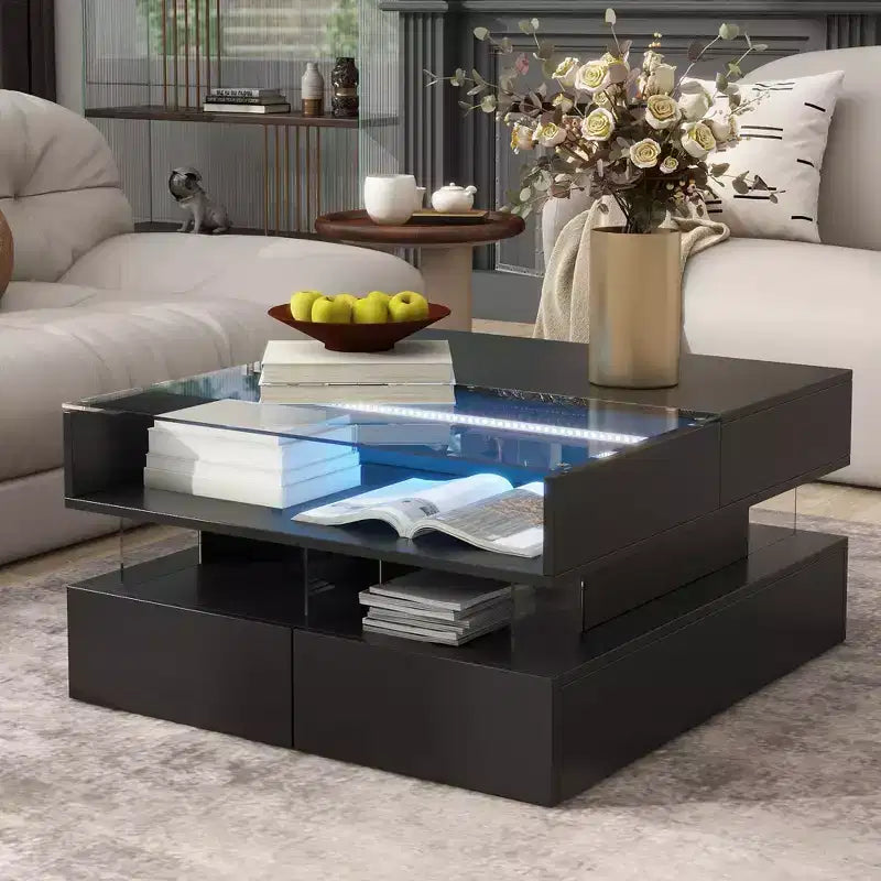 Table basse relevable moderne avec tiroirs, table basse carrée avec plateau en verre, table basse avec espace de rangement caché et lumières LED pour le salon
