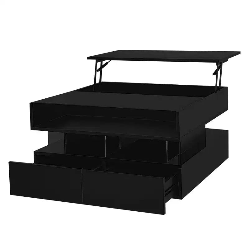 Table basse relevable moderne avec tiroirs, table basse carrée avec plateau en verre, table basse avec espace de rangement caché et lumières LED pour le salon