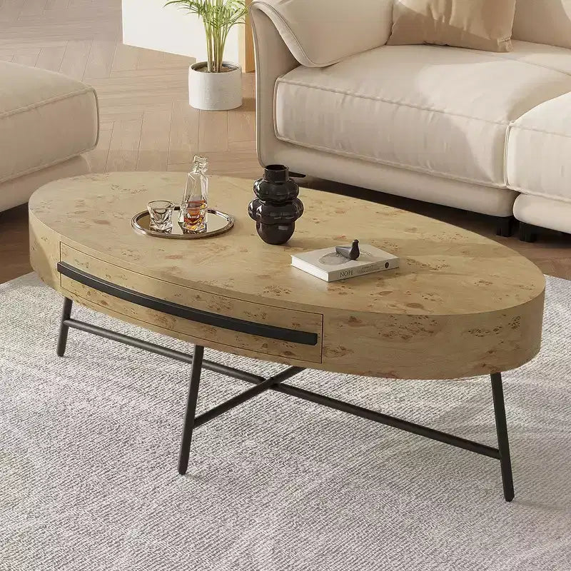 Table basse ovale avec tiroir, table basse moderne du milieu du siècle, table basse en bois de 120 cm avec rangement et pieds en métal croisés, design incurvé