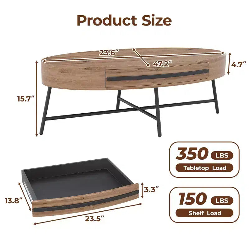 Table basse ovale avec tiroir, table basse moderne du milieu du siècle, table basse en bois de 120 cm avec rangement et pieds en métal croisés, design incurvé