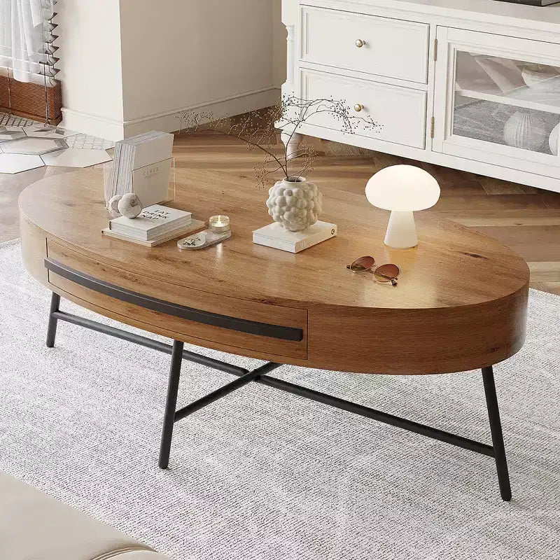 Table basse ovale avec tiroir, table basse moderne du milieu du siècle, table basse en bois de 120 cm avec rangement et pieds en métal croisés, design incurvé