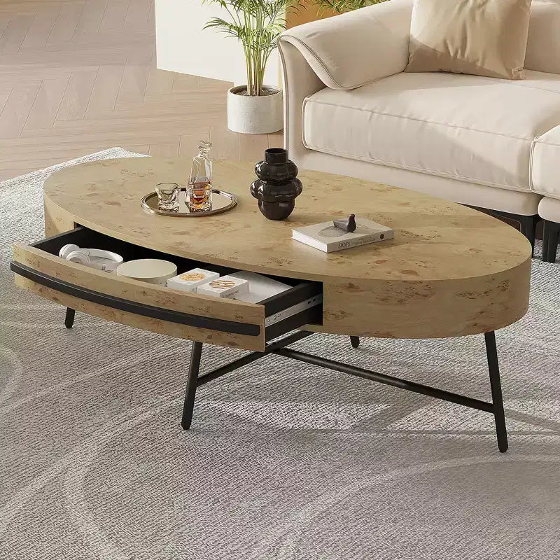 Table basse ovale avec tiroir, table basse moderne du milieu du siècle, table basse en bois de 120 cm avec rangement et pieds en métal croisés, design incurvé