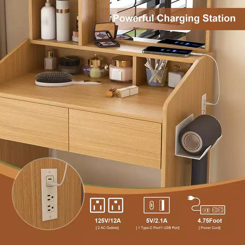Coiffeuse moderne avec miroir éclairé par LED et rangements