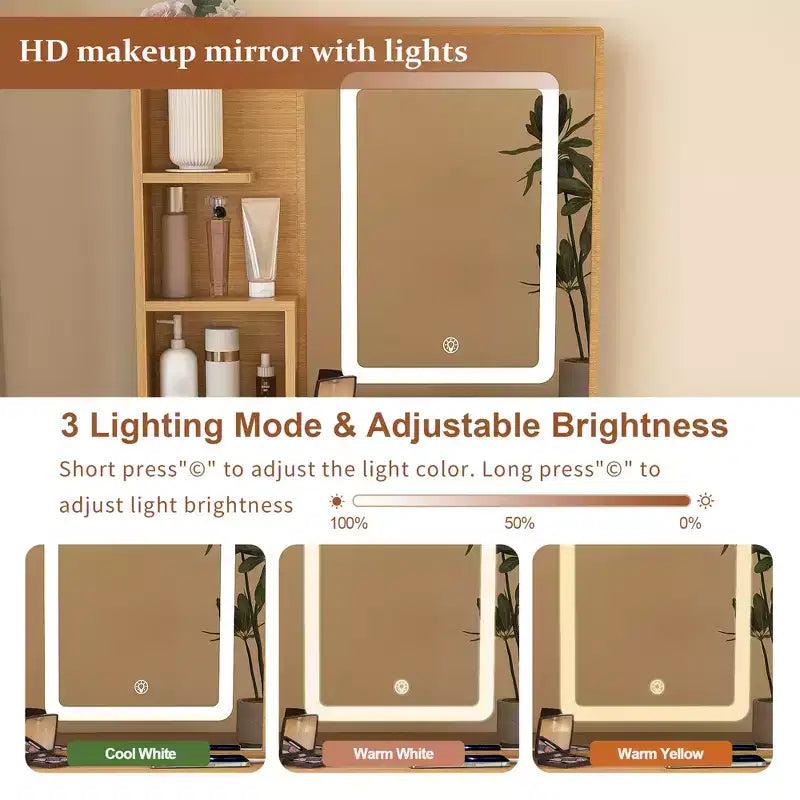 Coiffeuse moderne avec miroir éclairé par LED et rangements