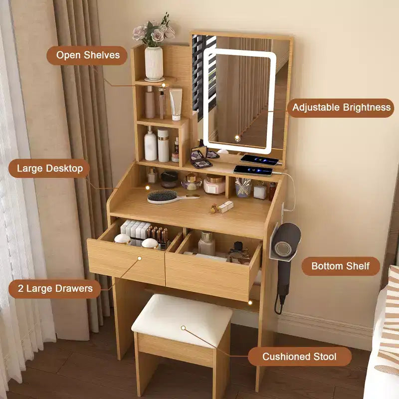 Coiffeuse moderne avec miroir éclairé par LED et rangements
