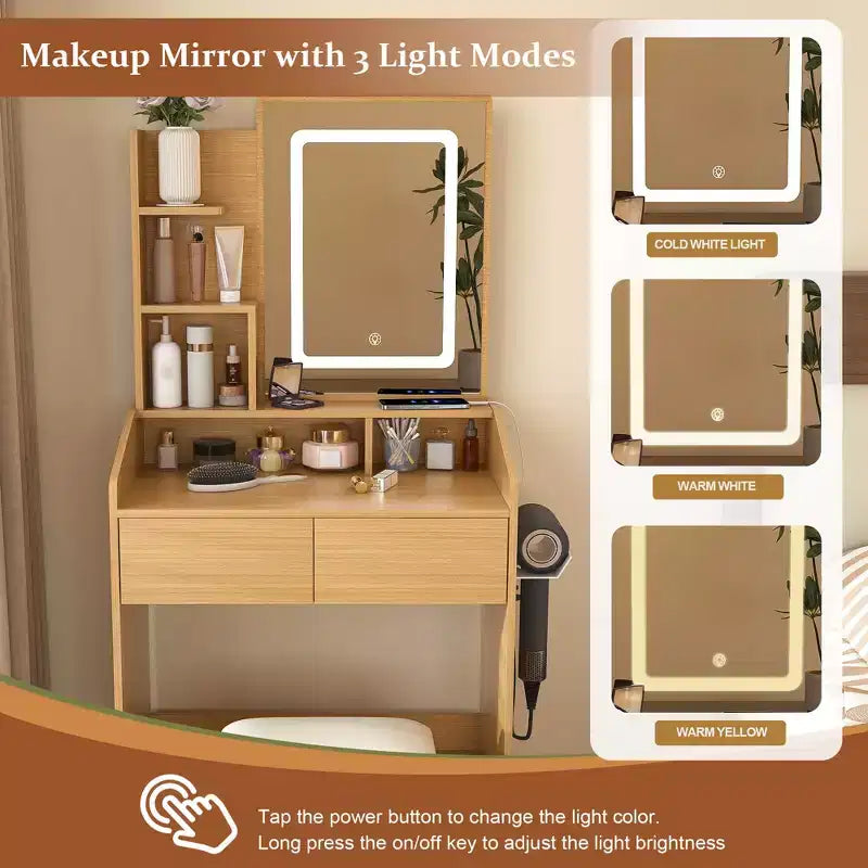 Coiffeuse moderne avec miroir éclairé par LED et rangements