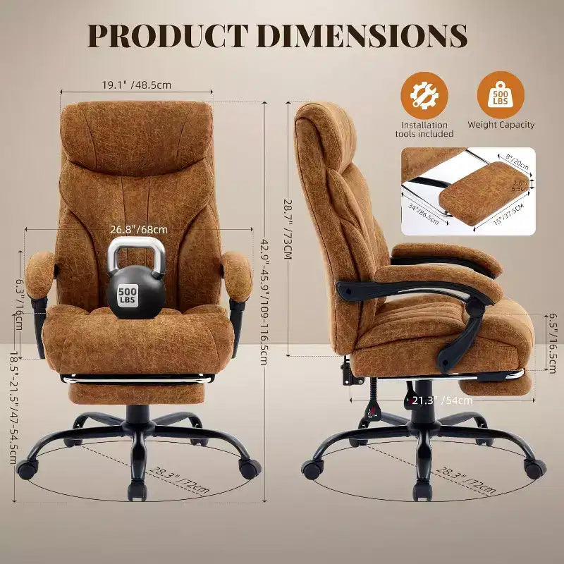Fauteuil de bureau ergonomique pour la maison, chaise de direction à dossier haut, repose-pieds rétractable et siège large, chaise d'ordinateur pivotante robuste