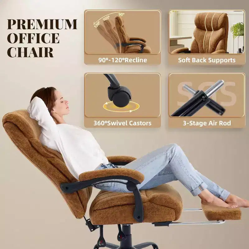 Fauteuil de bureau ergonomique pour la maison, chaise de direction à dossier haut, repose-pieds rétractable et siège large, chaise d'ordinateur pivotante robuste