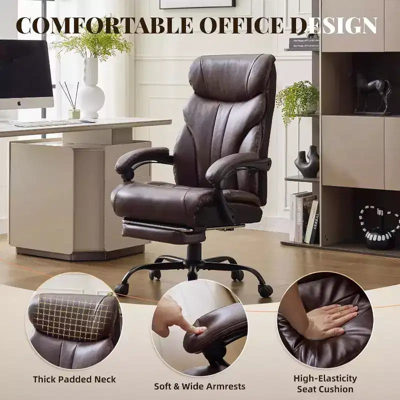 Fauteuil de bureau ergonomique pour la maison, chaise de direction à dossier haut, repose-pieds rétractable et siège large, chaise d'ordinateur pivotante robuste