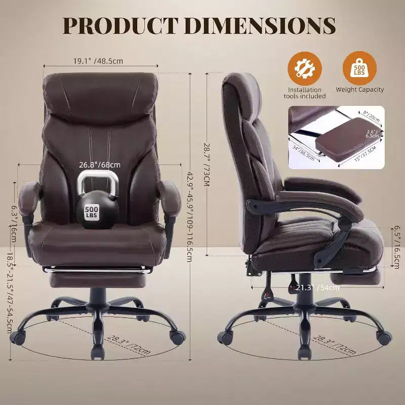 Fauteuil de bureau ergonomique pour la maison, chaise de direction à dossier haut, repose-pieds rétractable et siège large, chaise d'ordinateur pivotante robuste