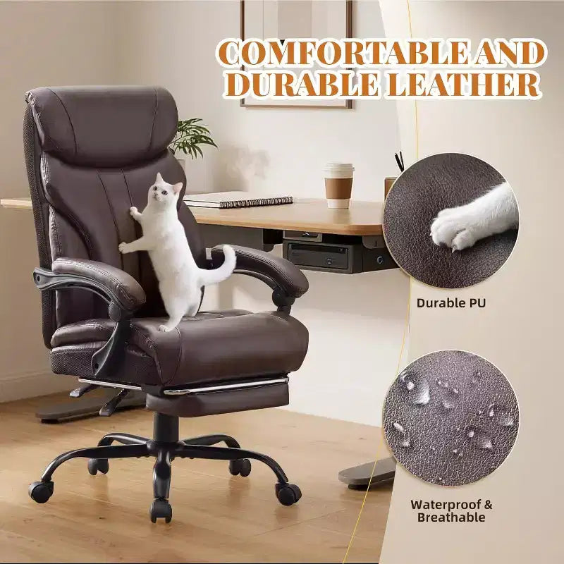 Fauteuil de bureau ergonomique pour la maison, chaise de direction à dossier haut, repose-pieds rétractable et siège large, chaise d'ordinateur pivotante robuste