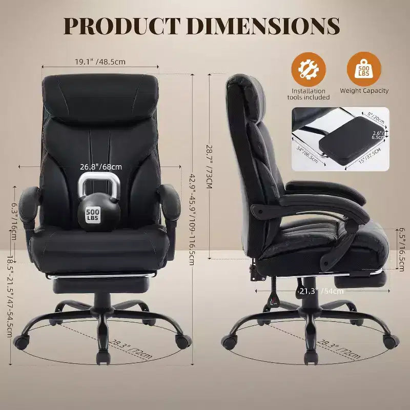 Fauteuil de bureau ergonomique pour la maison, chaise de direction à dossier haut, repose-pieds rétractable et siège large, chaise d'ordinateur pivotante robuste