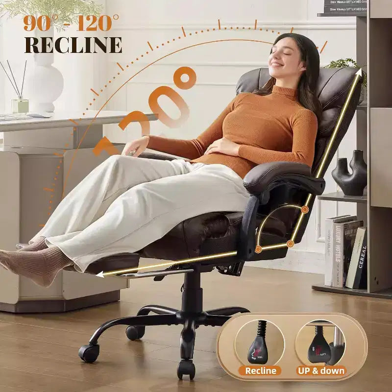 Fauteuil de bureau ergonomique pour la maison, chaise de direction à dossier haut, repose-pieds rétractable et siège large, chaise d'ordinateur pivotante robuste