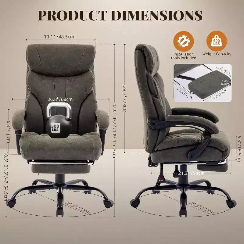 Fauteuil de bureau ergonomique pour la maison, chaise de direction à dossier haut, repose-pieds rétractable et siège large, chaise d'ordinateur pivotante robuste