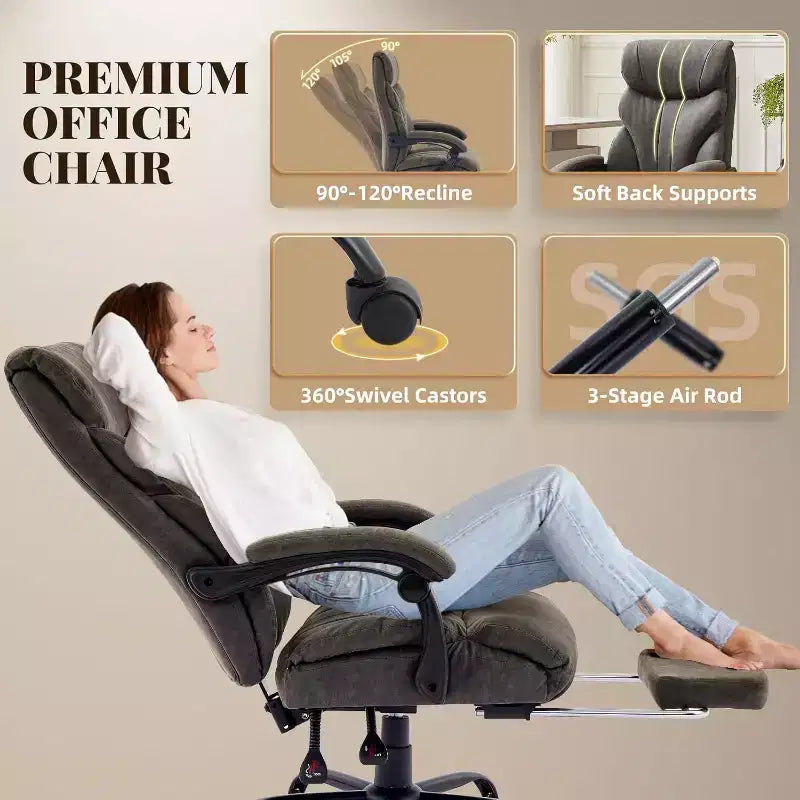 Fauteuil de bureau ergonomique pour la maison, chaise de direction à dossier haut, repose-pieds rétractable et siège large, chaise d'ordinateur pivotante robuste