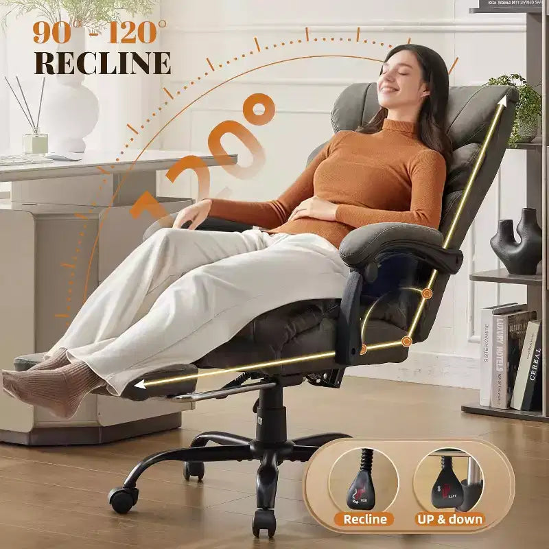 Fauteuil de bureau ergonomique pour la maison, chaise de direction à dossier haut, repose-pieds rétractable et siège large, chaise d'ordinateur pivotante robuste