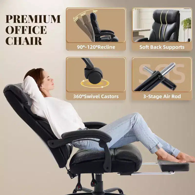 Fauteuil de bureau ergonomique pour la maison, chaise de direction à dossier haut, repose-pieds rétractable et siège large, chaise d'ordinateur pivotante robuste