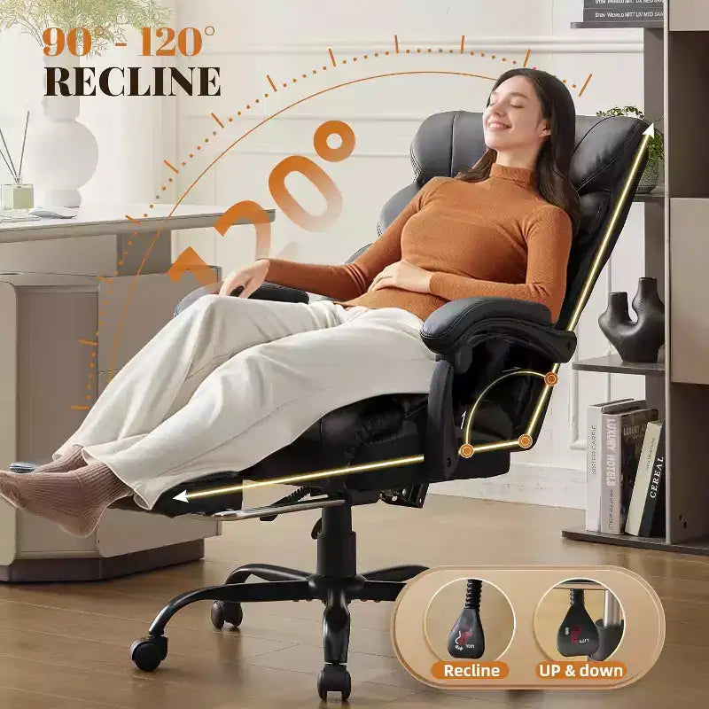 Fauteuil de bureau ergonomique pour la maison, chaise de direction à dossier haut, repose-pieds rétractable et siège large, chaise d'ordinateur pivotante robuste