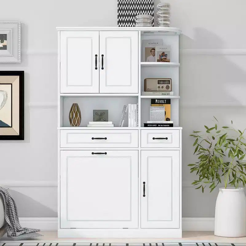 Armoire de rangement haute sur pied blanche Tiroirs Portes Étagères réglables Tiroir rabattable MDF