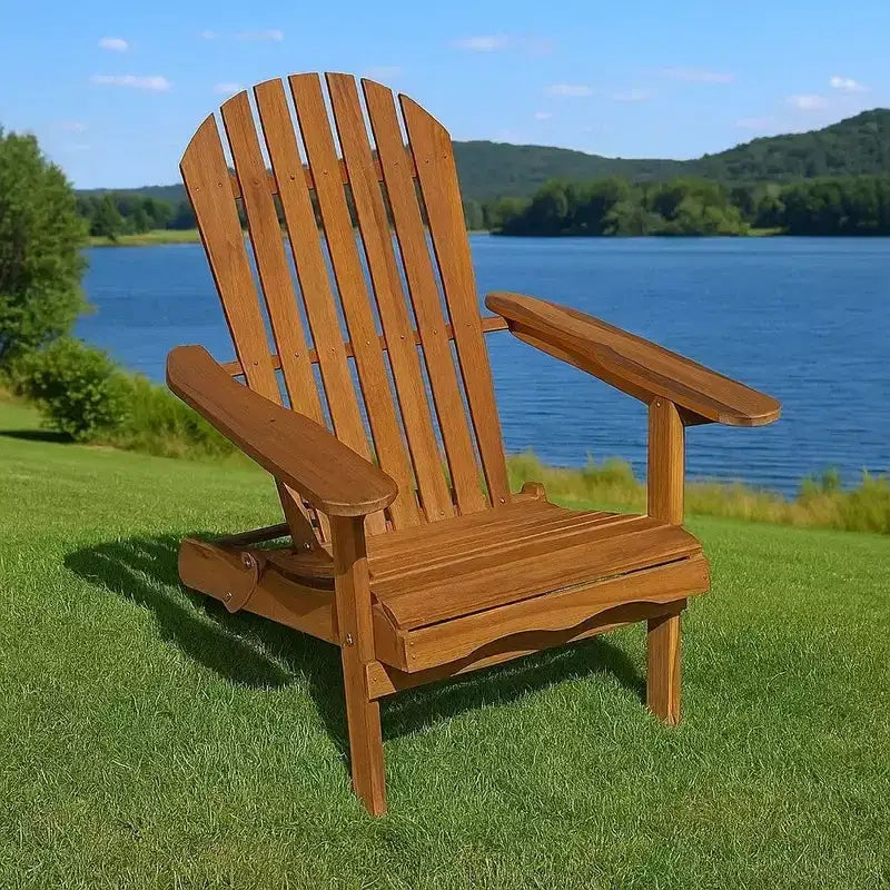 Royal Hampton Outdoor Adirondack Chair, Slatted Back, Natural Brown Wood