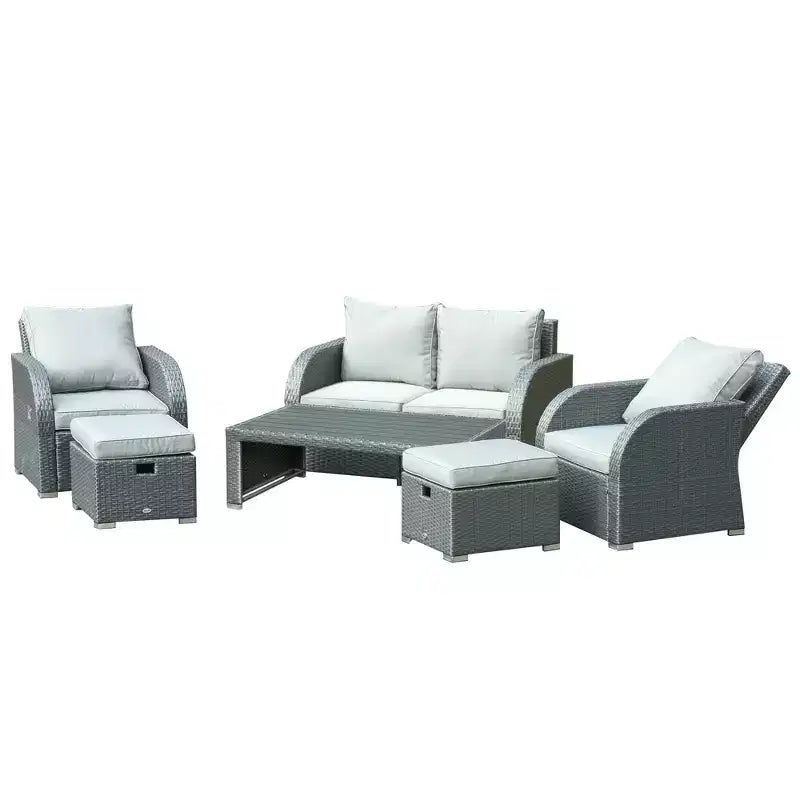 Salons de jardin 6 pièces, ensemble de canapés en osier d'extérieur, fauteuil inclinable individuel réglable en rotin, ensemble de conversation, poufs