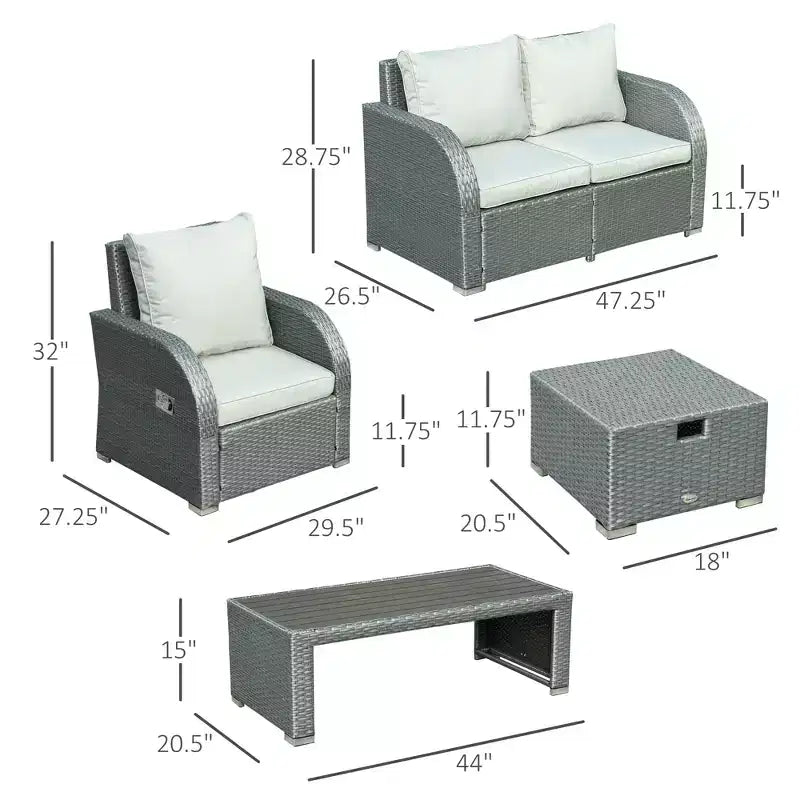 Salons de jardin 6 pièces, ensemble de canapés en osier d'extérieur, fauteuil inclinable individuel réglable en rotin, ensemble de conversation, poufs