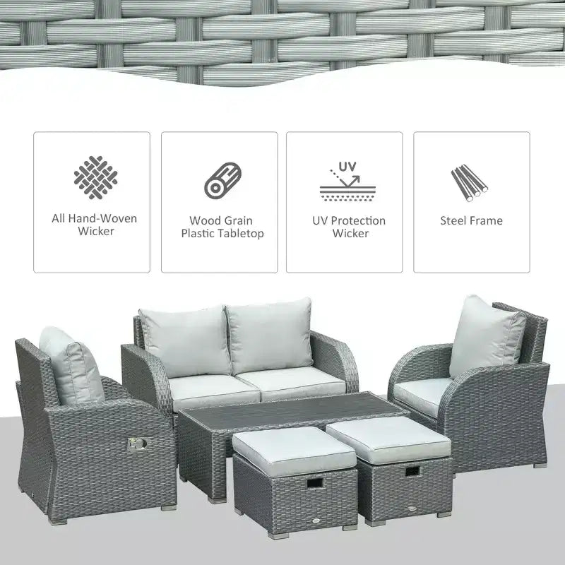 Salons de jardin 6 pièces, ensemble de canapés en osier d'extérieur, fauteuil inclinable individuel réglable en rotin, ensemble de conversation, poufs