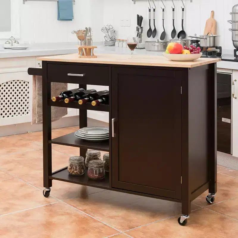Desserte de cuisine à roulettes en bois à 4 niveaux avec meuble de rangement, étagère et tiroir