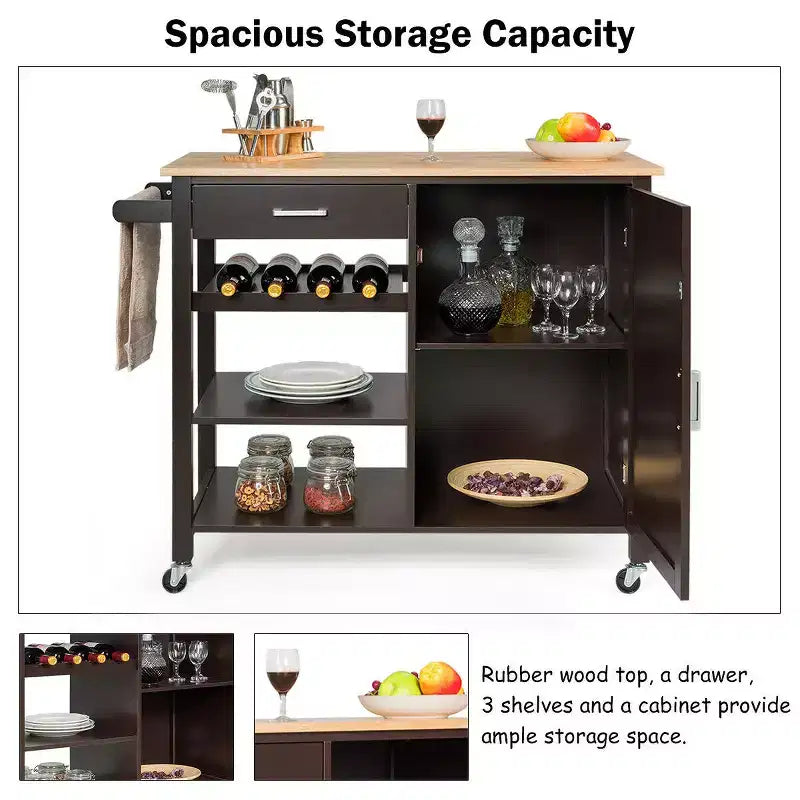 Desserte de cuisine à roulettes en bois à 4 niveaux avec meuble de rangement, étagère et tiroir