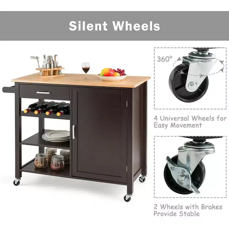 Desserte de cuisine à roulettes en bois à 4 niveaux avec meuble de rangement, étagère et tiroir