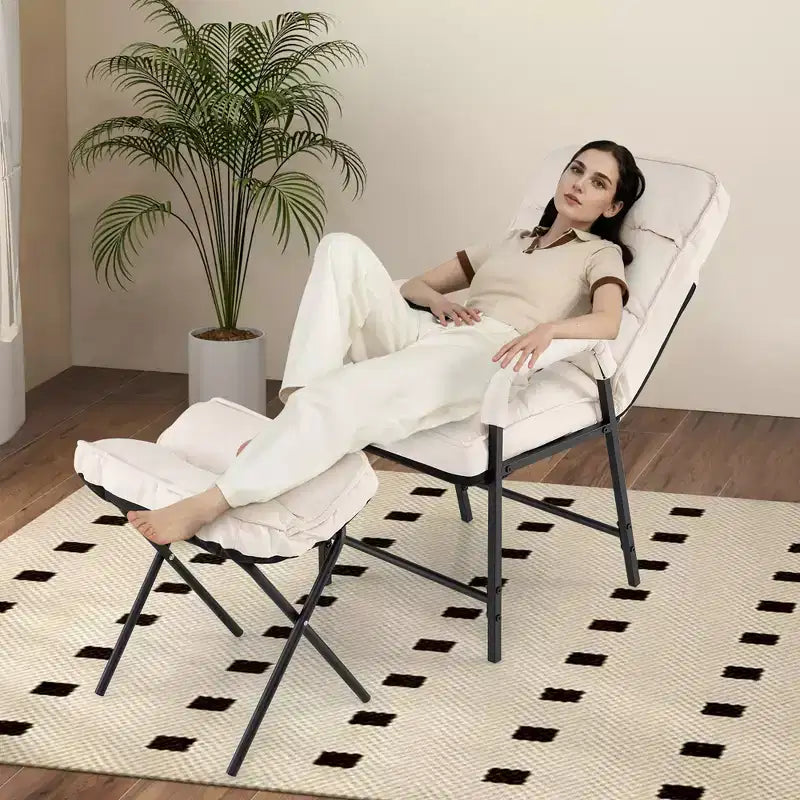 Costway Fauteuil moderne avec pouf en tissu lin et dossier réglable