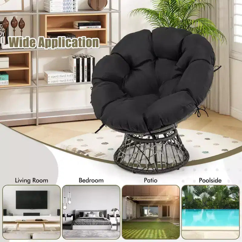 Costway PE Wicker Papasan Chair 360 Swivel Living Room Chair w/ Thick & Removable Cushion