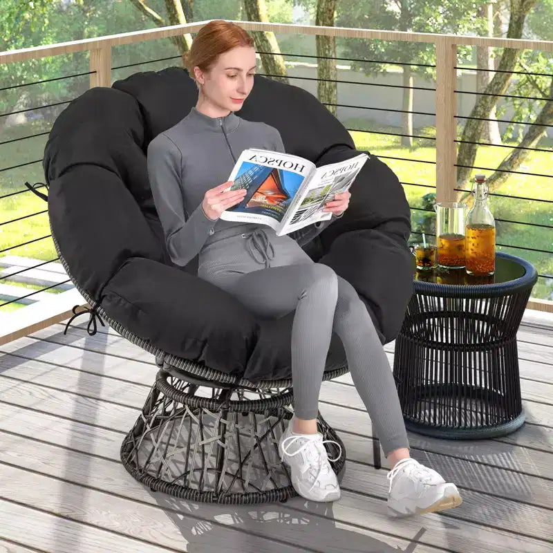 Costway PE Wicker Papasan Chair 360 Swivel Living Room Chair w/ Thick & Removable Cushion