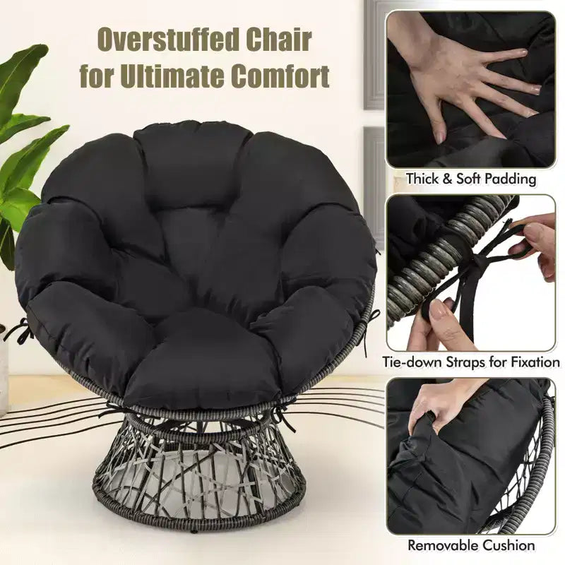 Costway PE Wicker Papasan Chair 360 Swivel Living Room Chair w/ Thick & Removable Cushion