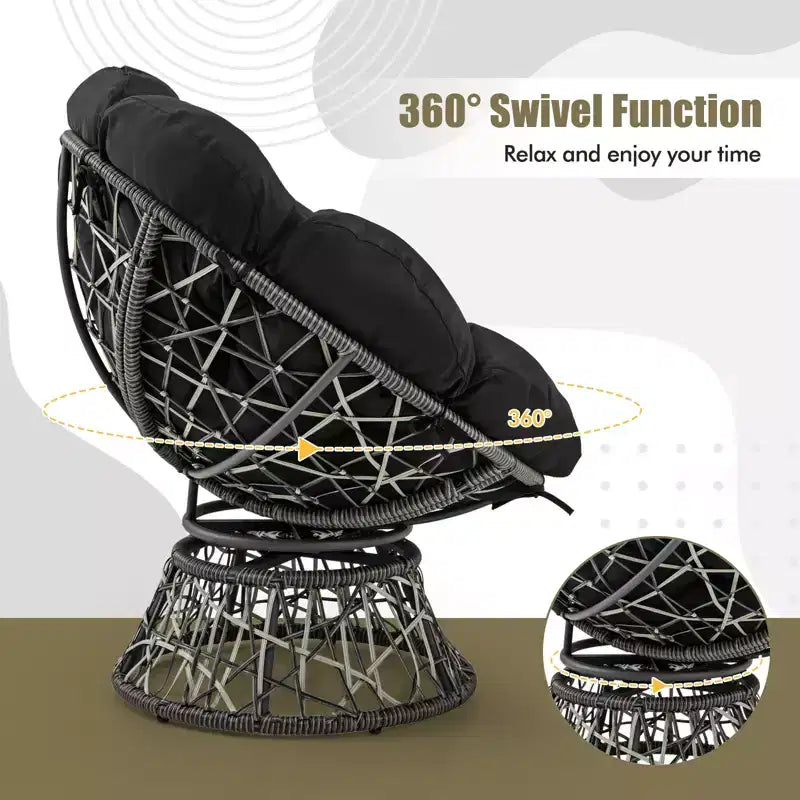 Costway PE Wicker Papasan Chair 360 Swivel Living Room Chair w/ Thick & Removable Cushion