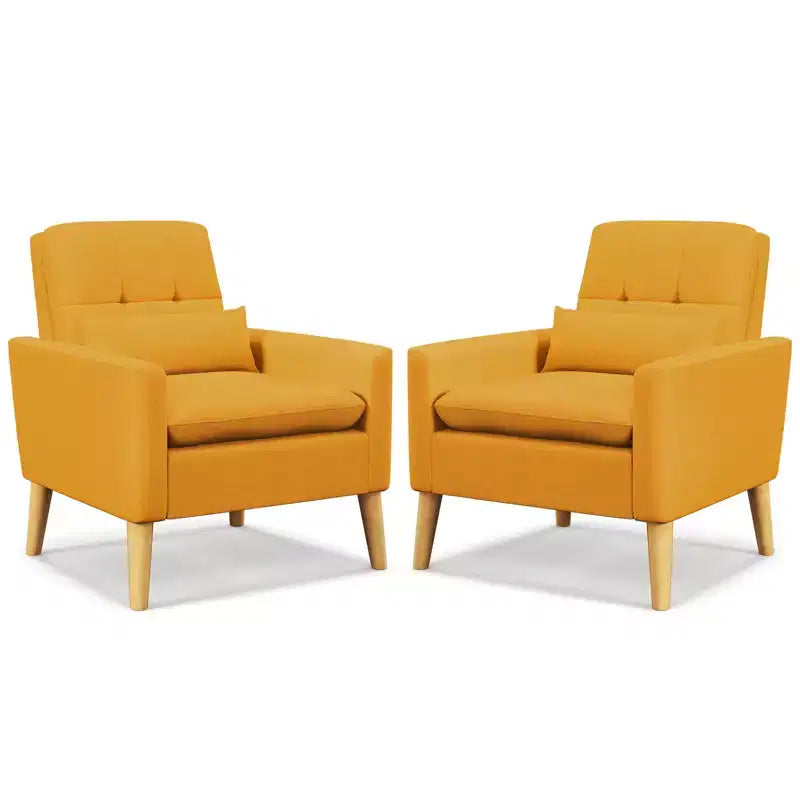 Costway Accent Chair Upholstered Tufted Armchair with Lumbar Pillow Natural Rubber Wood Legs 2pcs