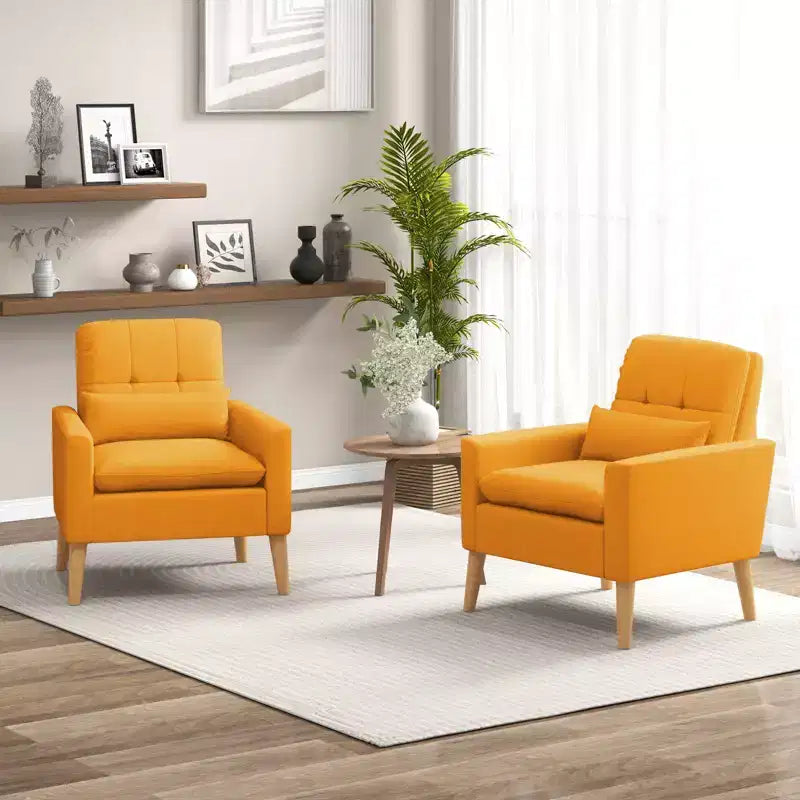 Costway Accent Chair Upholstered Tufted Armchair with Lumbar Pillow Natural Rubber Wood Legs 2pcs