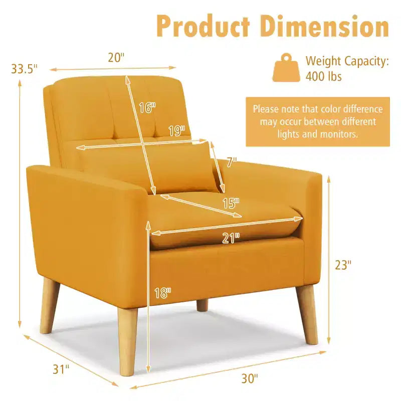 Costway Accent Chair Upholstered Tufted Armchair with Lumbar Pillow Natural Rubber Wood Legs 2pcs