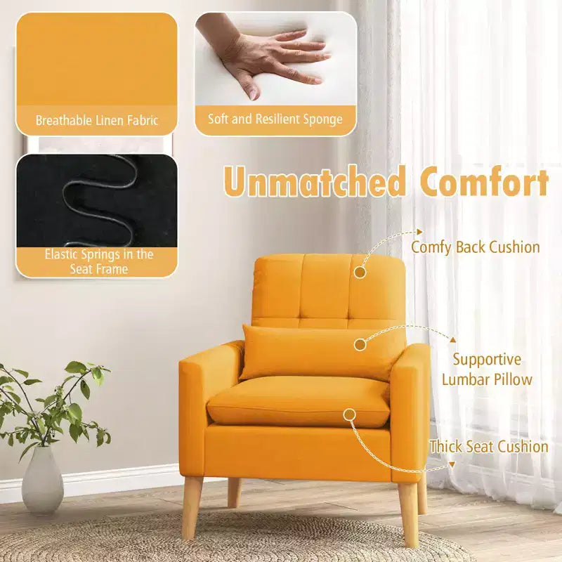 Costway Accent Chair Upholstered Tufted Armchair with Lumbar Pillow Natural Rubber Wood Legs 2pcs