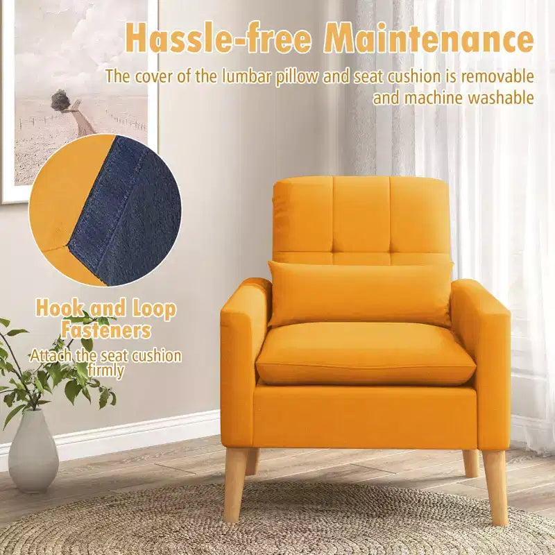 Costway Accent Chair Upholstered Tufted Armchair with Lumbar Pillow Natural Rubber Wood Legs 2pcs