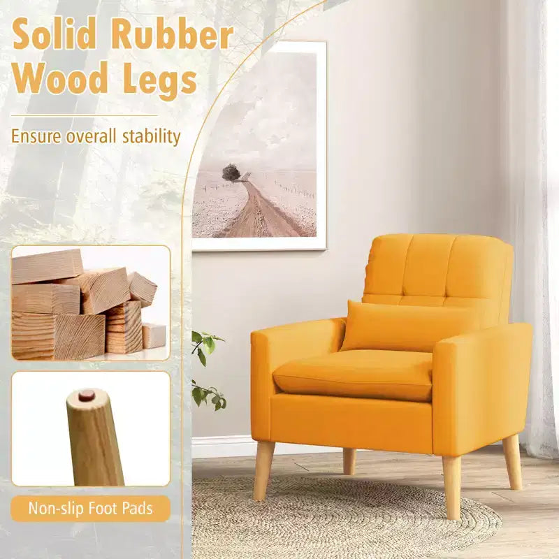 Costway Accent Chair Upholstered Tufted Armchair with Lumbar Pillow Natural Rubber Wood Legs 2pcs