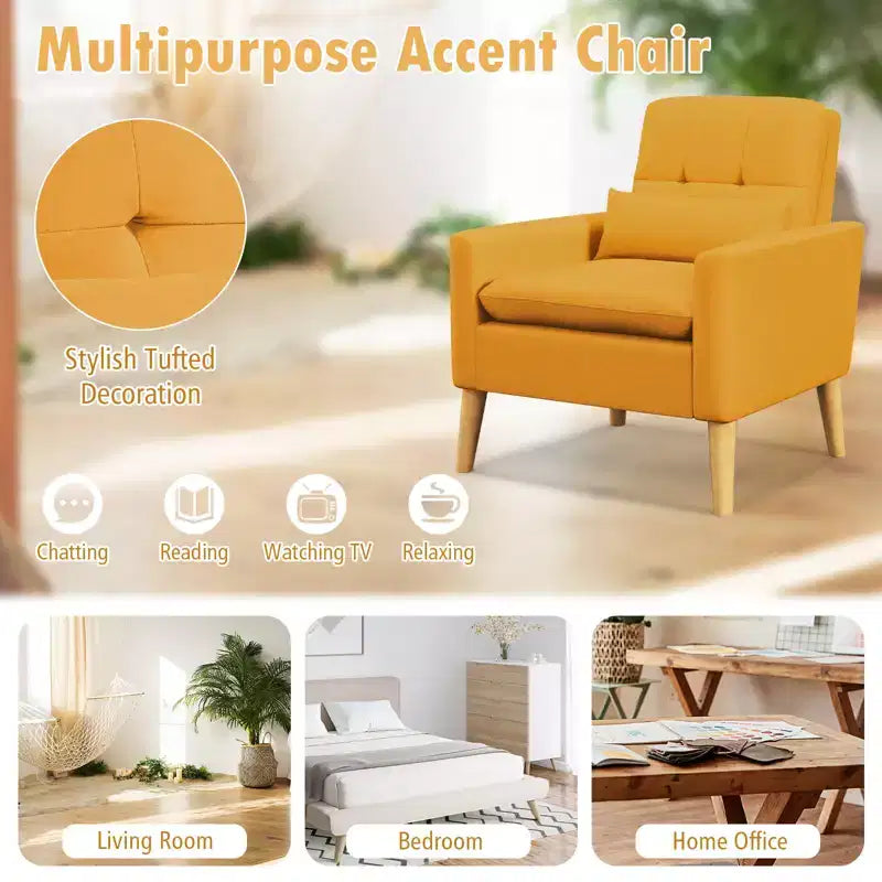 Costway Accent Chair Upholstered Tufted Armchair with Lumbar Pillow Natural Rubber Wood Legs 2pcs