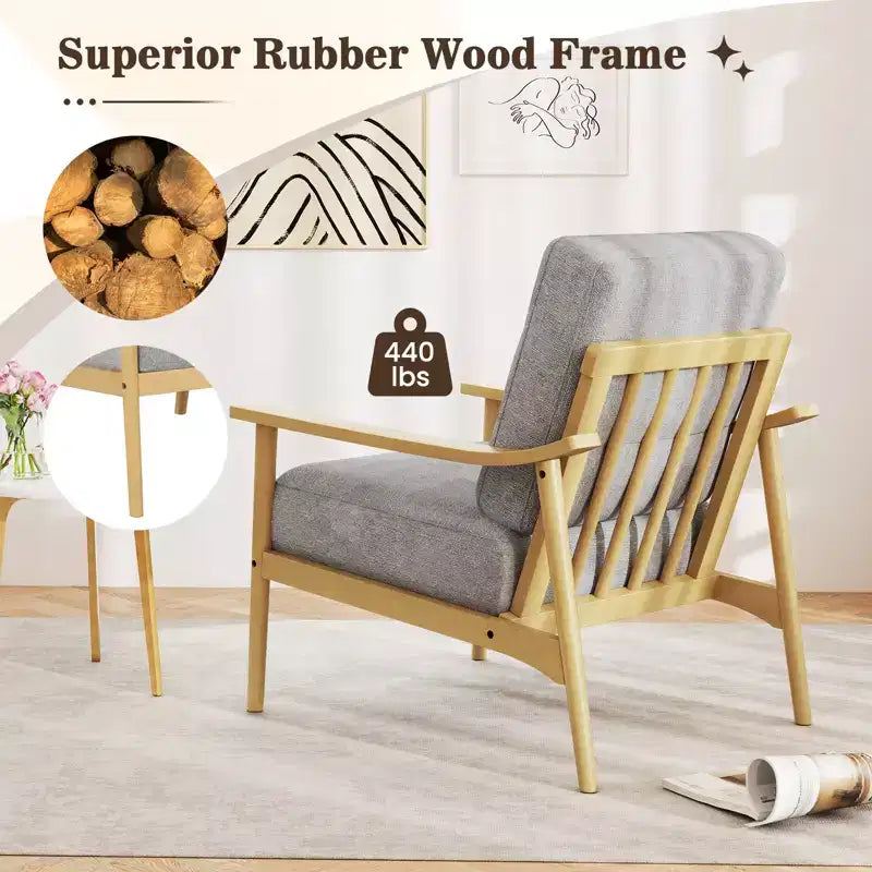 Costway Modern Accent Chair Upholstered Leisure Armchair w/ Rubber Wood Armrests & Legs