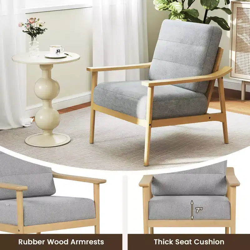 Costway Modern Accent Chair Upholstered Leisure Armchair w/ Rubber Wood Armrests & Legs